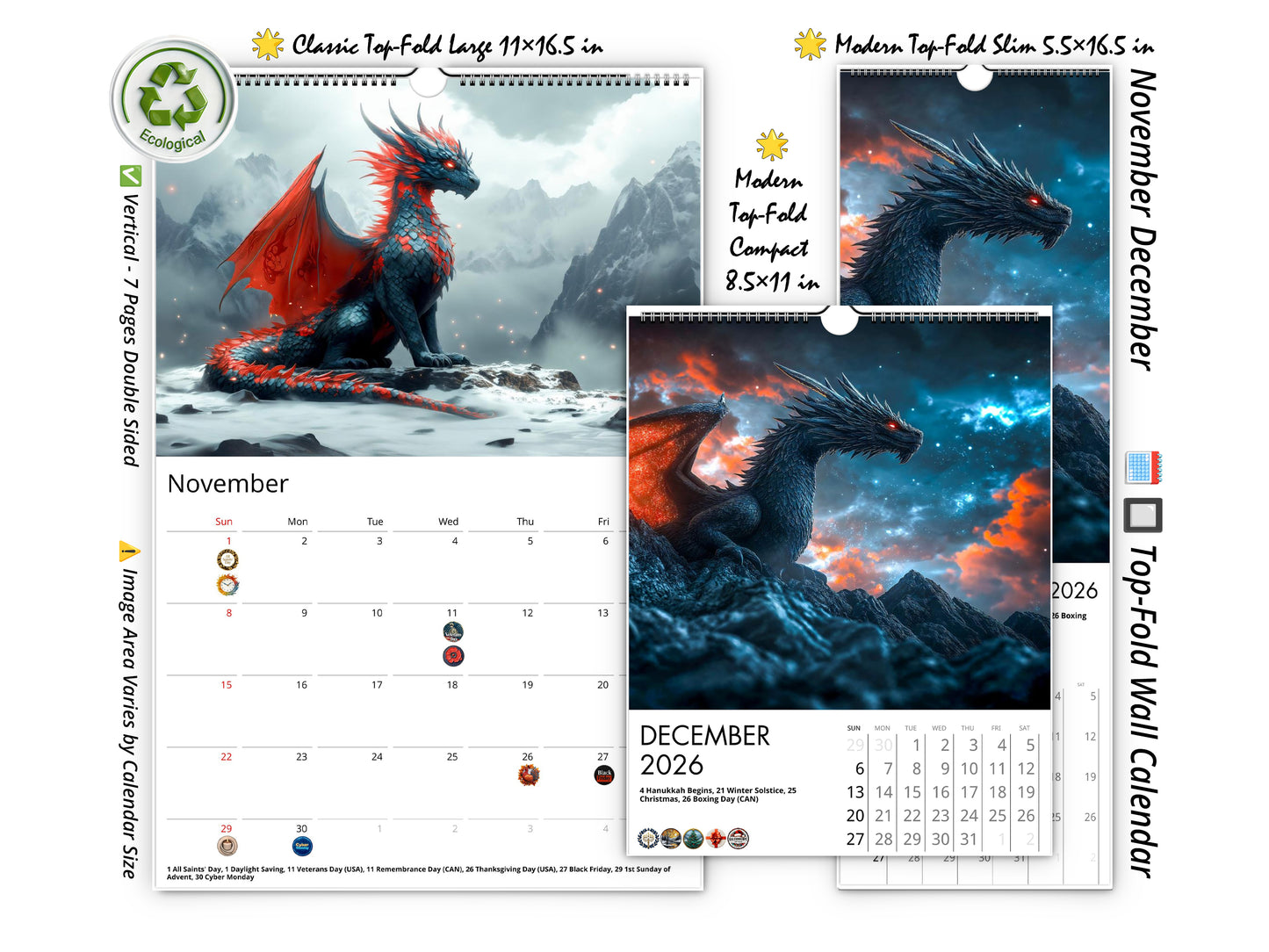 2026 Dragon Dark Wall Calendar by Kaleidoscope Artisan – Mystical Guardians of the Night with Holidays