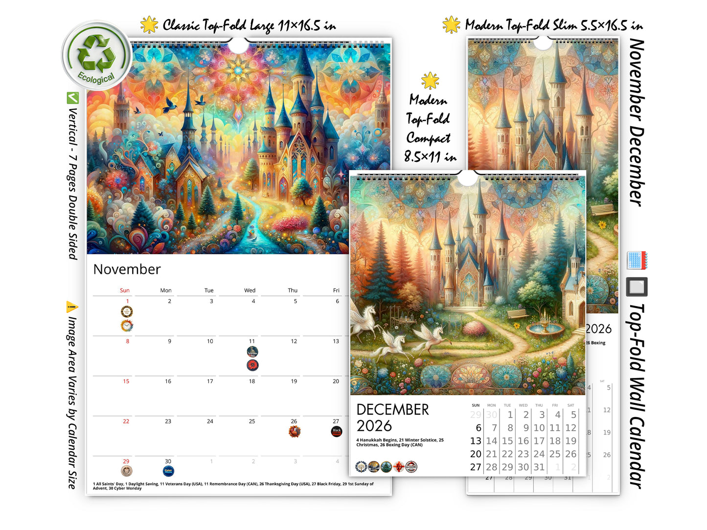 2026 Enchanted Moments Wall Calendar by Kaleidoscope Artisan – Magical Fairytale Realms with Holidays