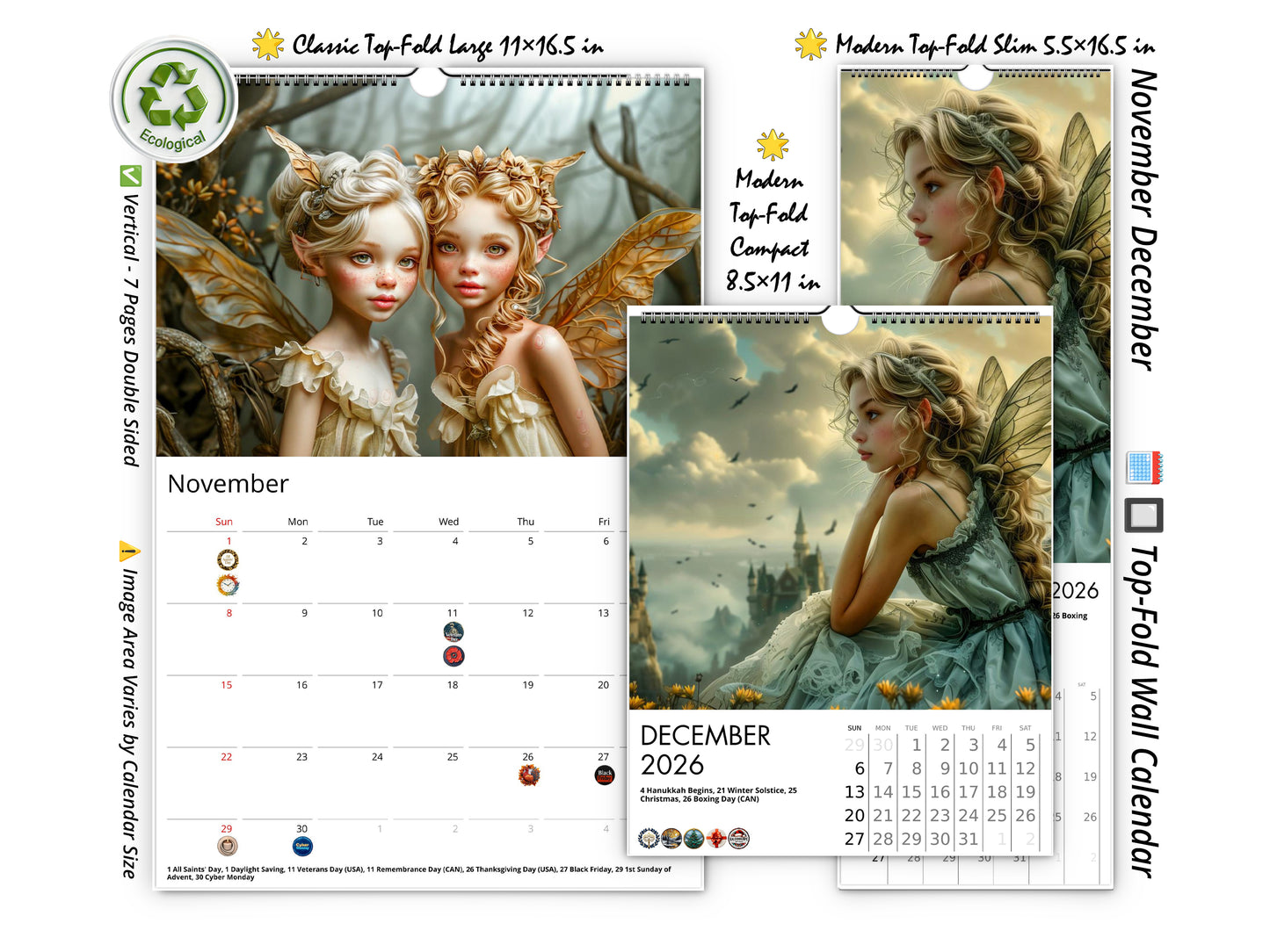 2026 Fairy Princess Wall Calendar by Kaleidoscope Artisan – Charming Fantasy with Holidays