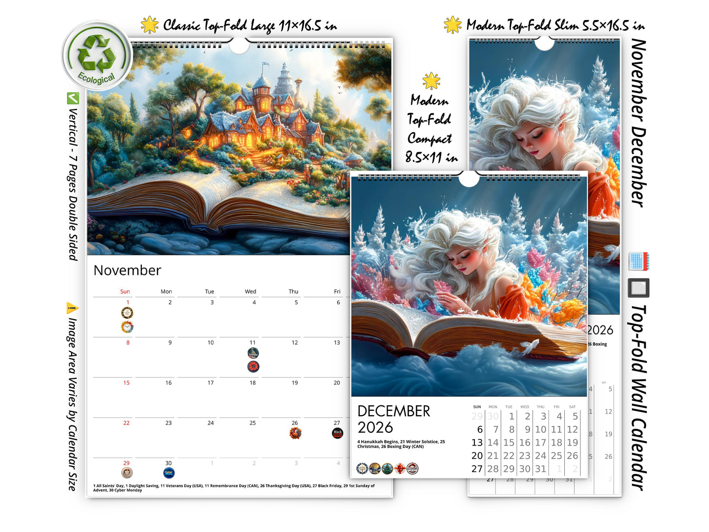 2026 Fairytale Books Wall Calendar by Kaleidoscope Artisan – Enchanted Stories with Holidays