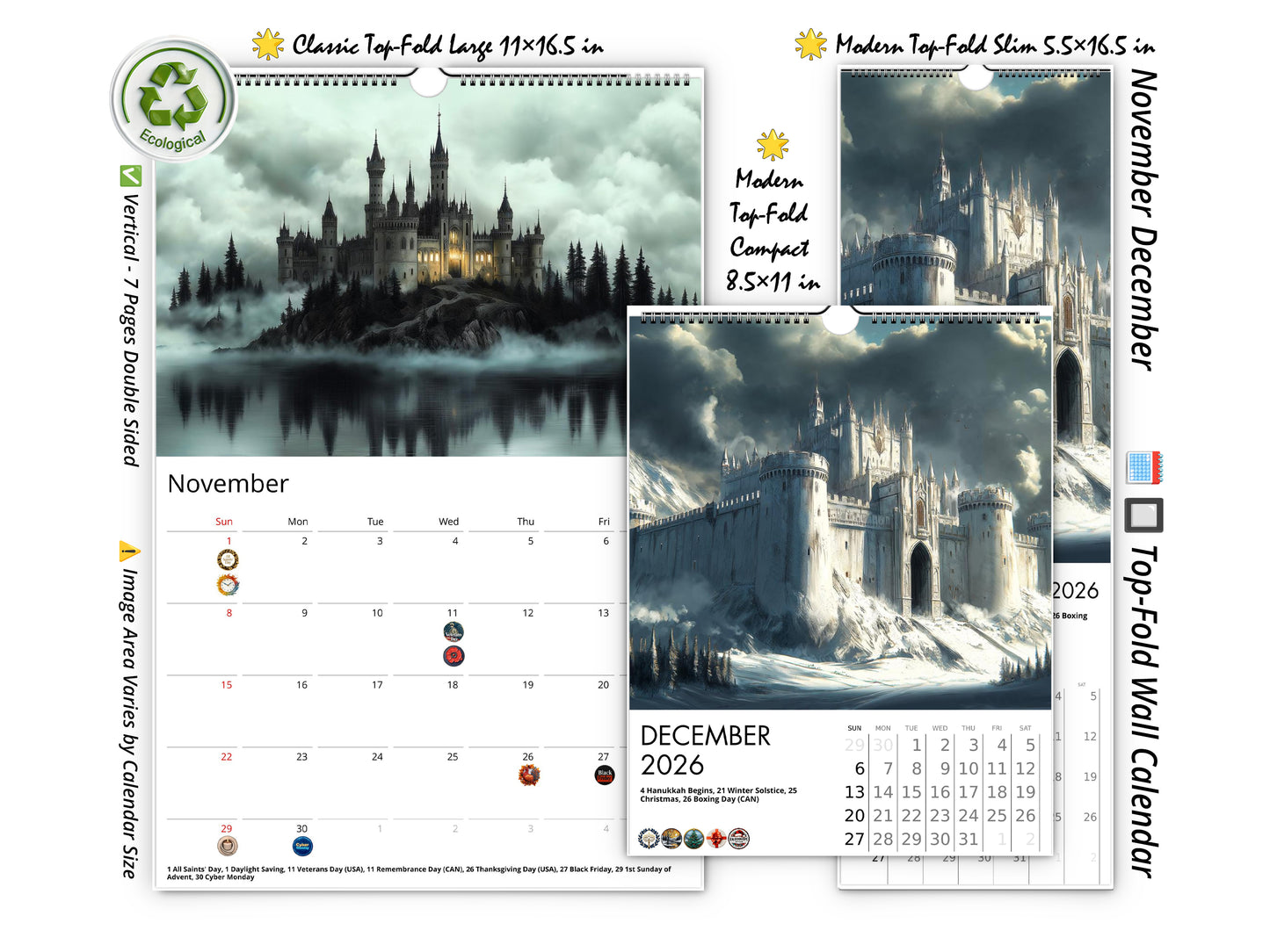 2026 Fantasy Castle Wall Calendar by Kaleidoscope Artisan – Mystical Kingdoms with Holidays