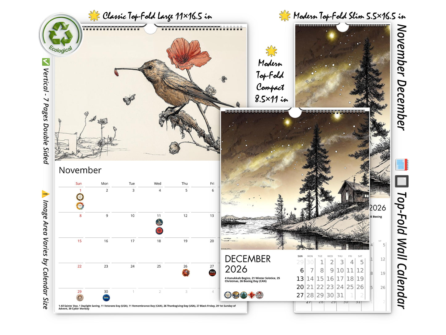 2026 Illustrated Moments Wall Calendar by Kaleidoscope Artisan – Captivating Artistic Scenes with Holidays