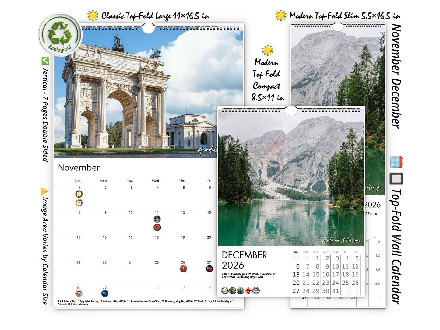 2026 Italy Vistas Photography Wall Calendar by Kaleidoscope Artisan – Captivating Landscapes with Holidays