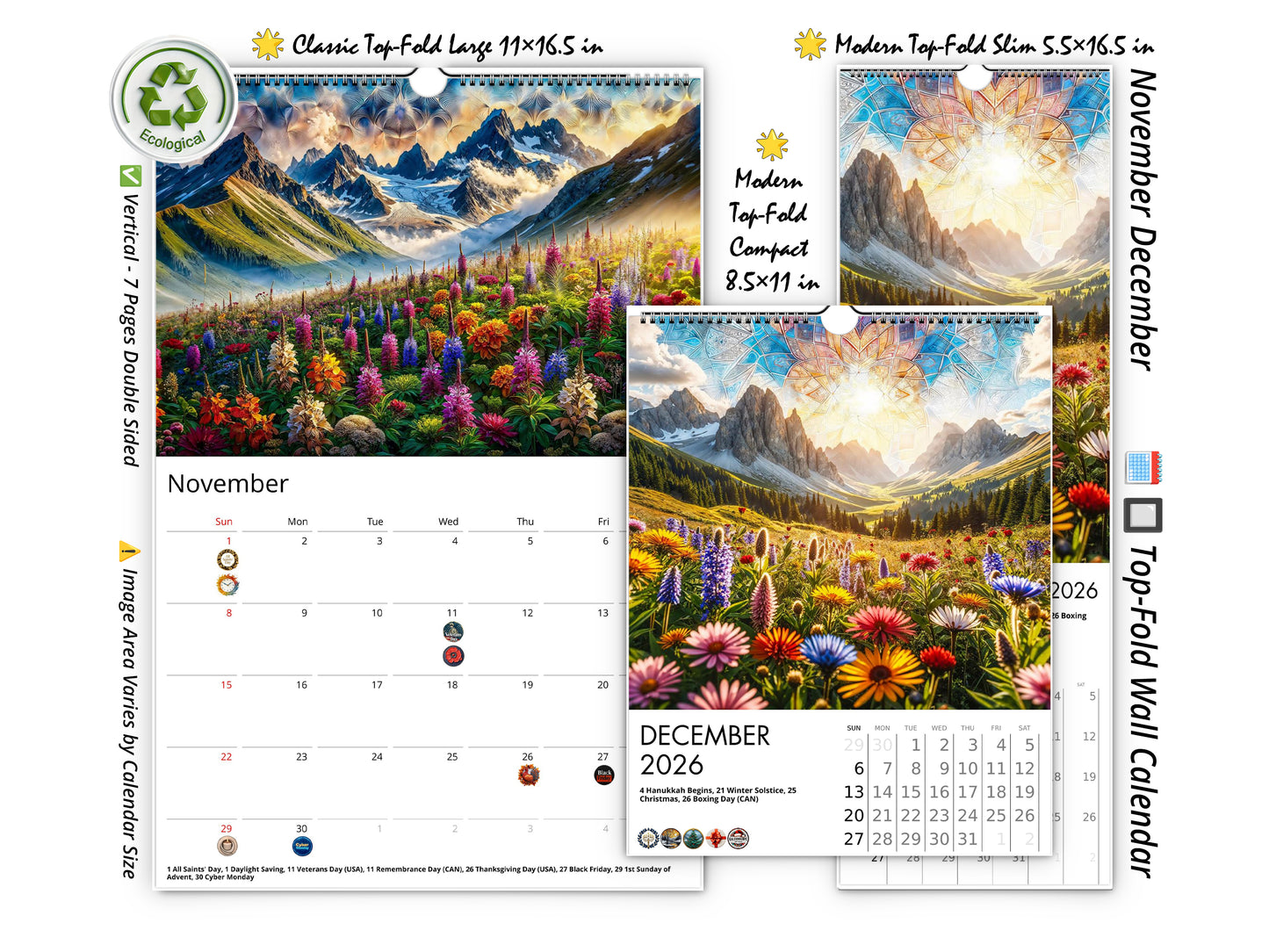 Calendario de pared de flores silvestres de montaña 2026 de Kaleidoscope Artisan: flores alpinas con festividades
