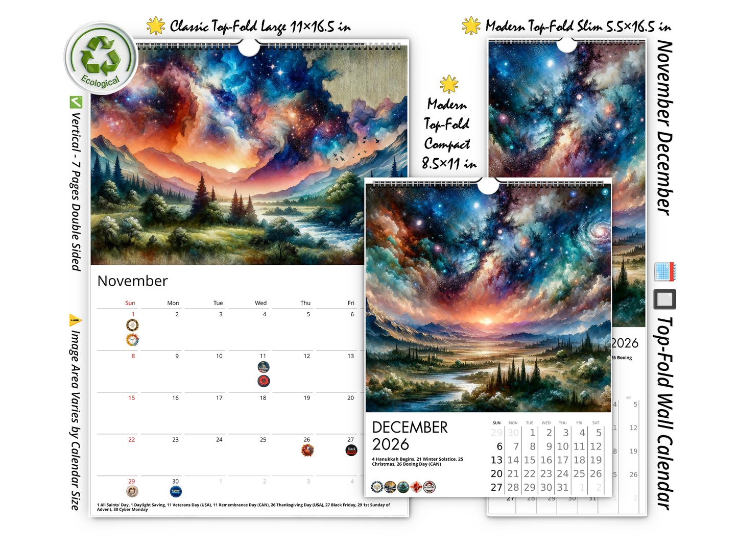 2026 Watercolor Horizons Wall Calendar by Kaleidoscope Artisan – Ethereal Landscape Art with Holidays