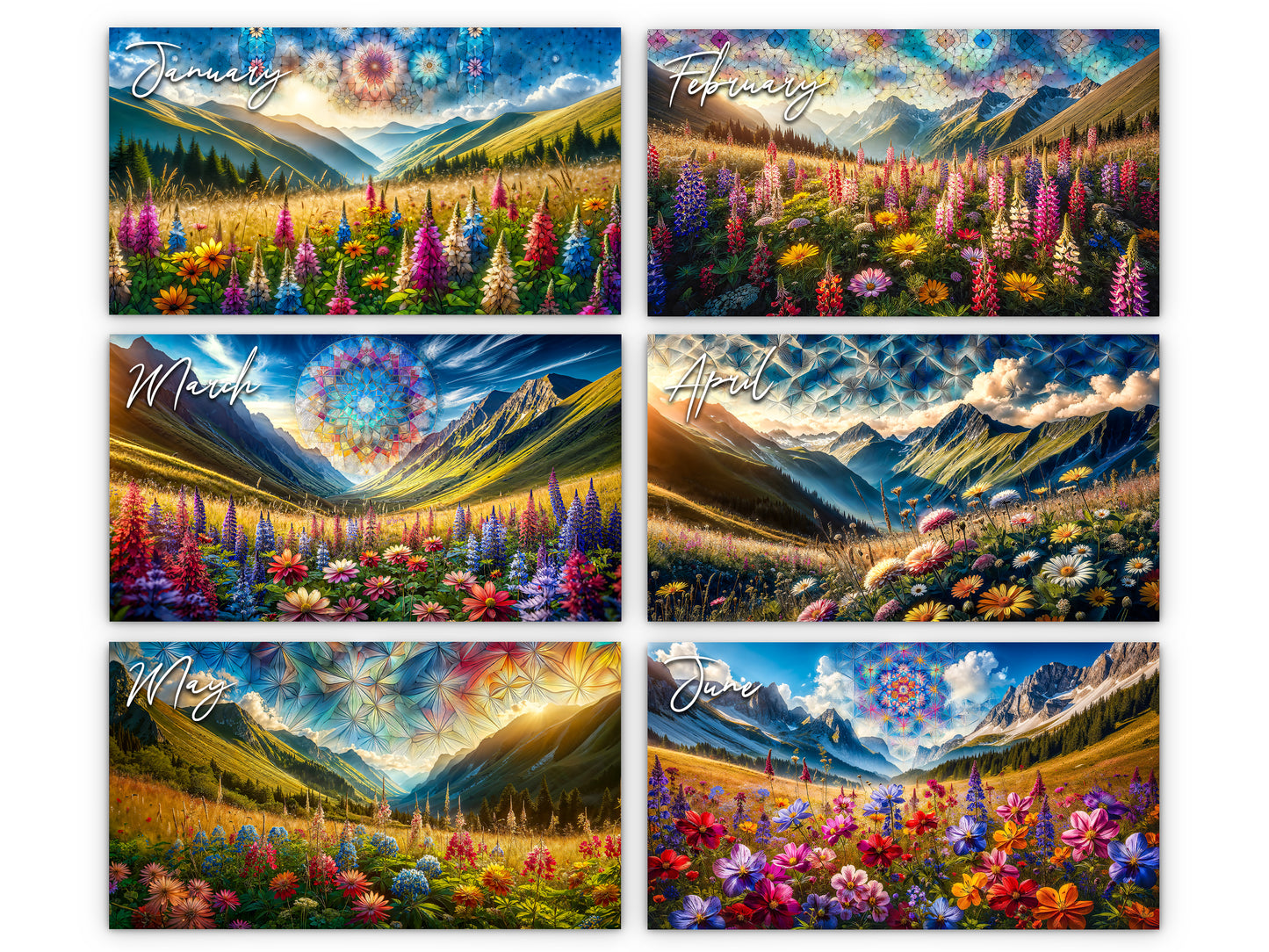 Calendario de pared de flores silvestres de montaña 2026 de Kaleidoscope Artisan: flores alpinas con festividades