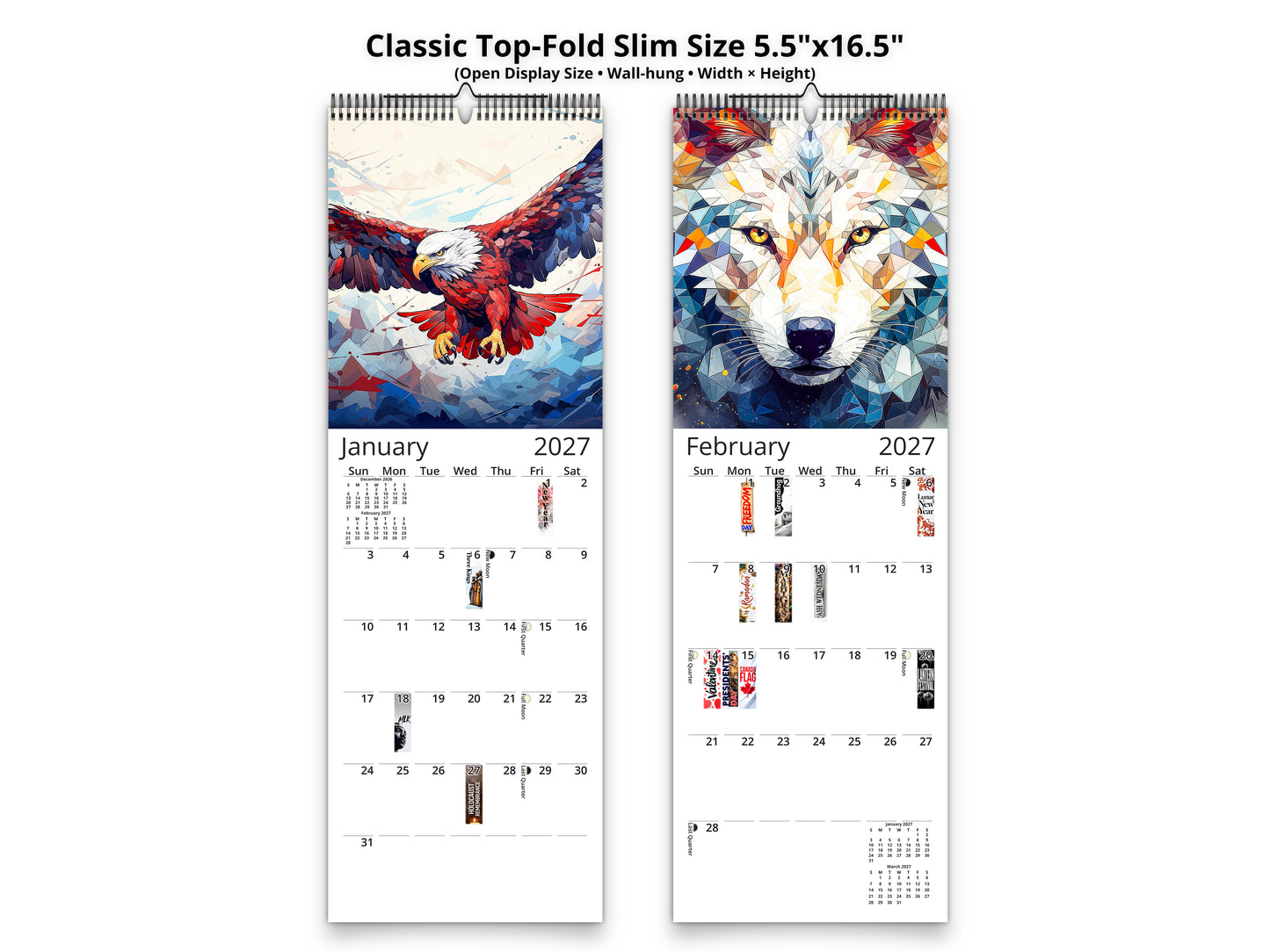 Calendario de pared de vida silvestre de Alaska 2026 de Kaleidoscope Artisan: animales geométricos vibrantes con festividades