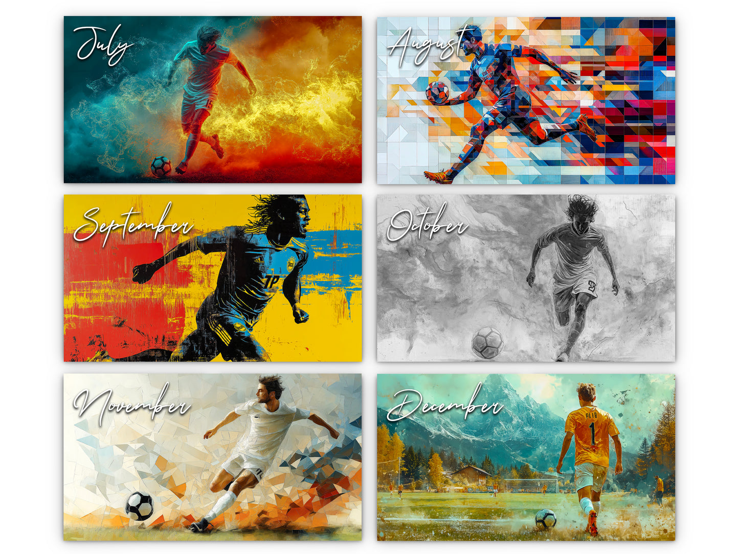 2026 Artistic Soccer Wall Calendar by Kaleidoscope Artisan – Dynamic Sports Art with Holidays