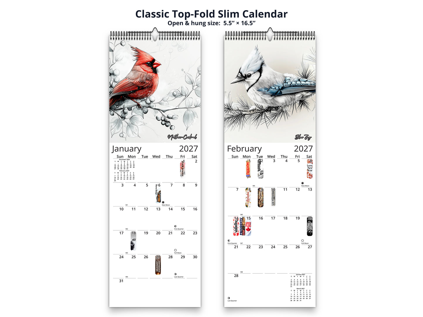 Avian Sketches 2027 wall calendar classic top-fold slim calendar pages