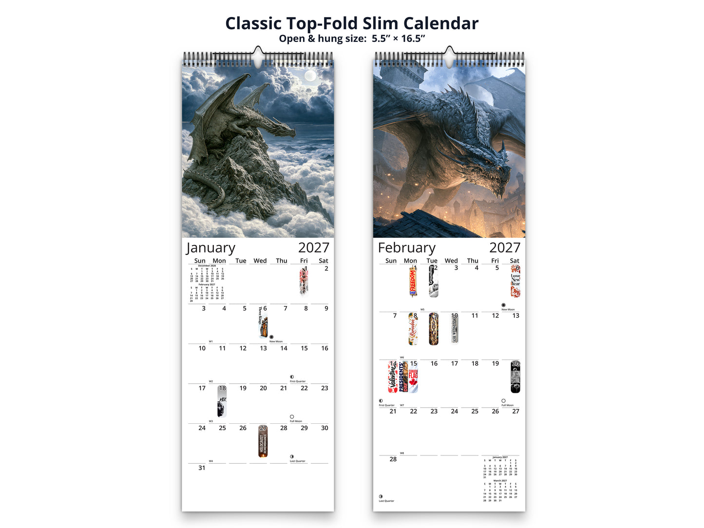 Dragon’s Reign by Kaleidoscope Artisan - Ancient Fire with Holidays 2027 wall calendar classic top-fold slim calendar pages