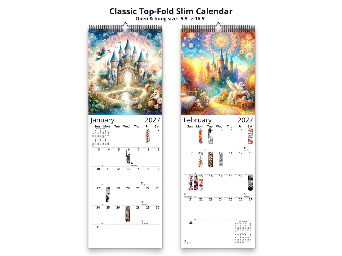 Enchanted by Kaleidoscope Artisan - Whimsical Fantasy with Holidays 2027 wall calendar classic top-fold slim calendar pages