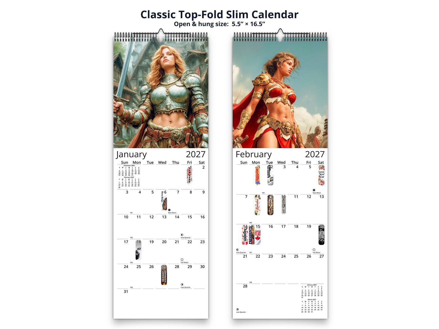 Fantasy Warrioress 2027 wall calendar classic top-fold slim calendar pages
