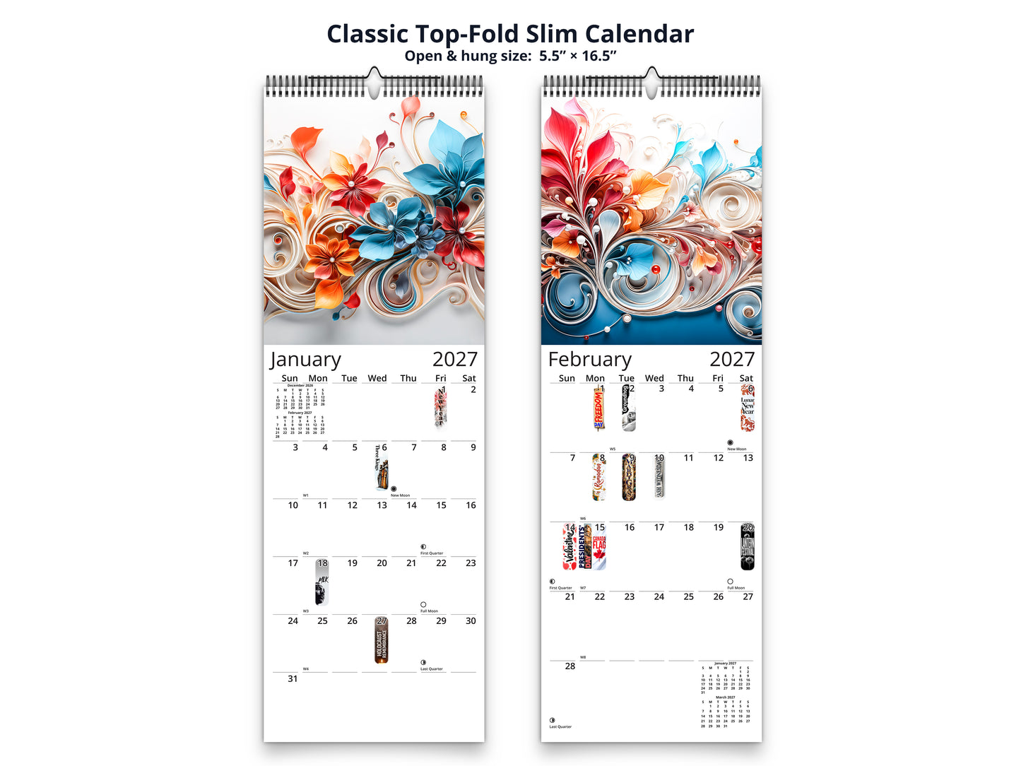 Floral Grace 2027 wall calendar classic top-fold slim calendar pages