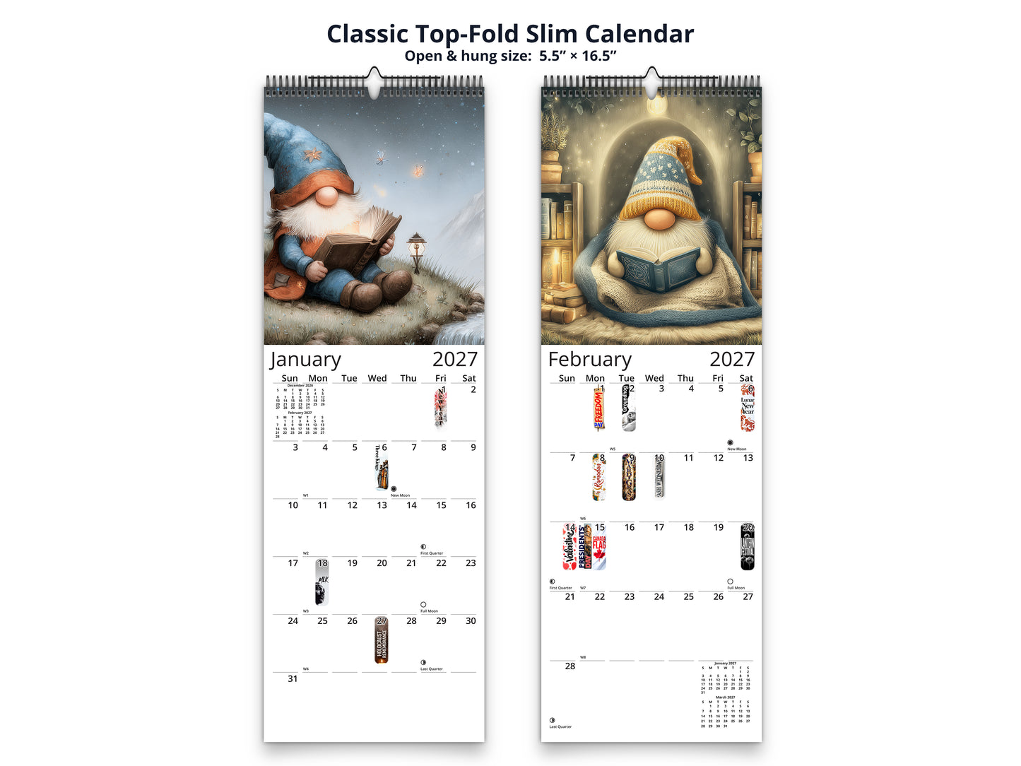Gnome Book Club 2027 wall calendar classic top-fold slim calendar pages
