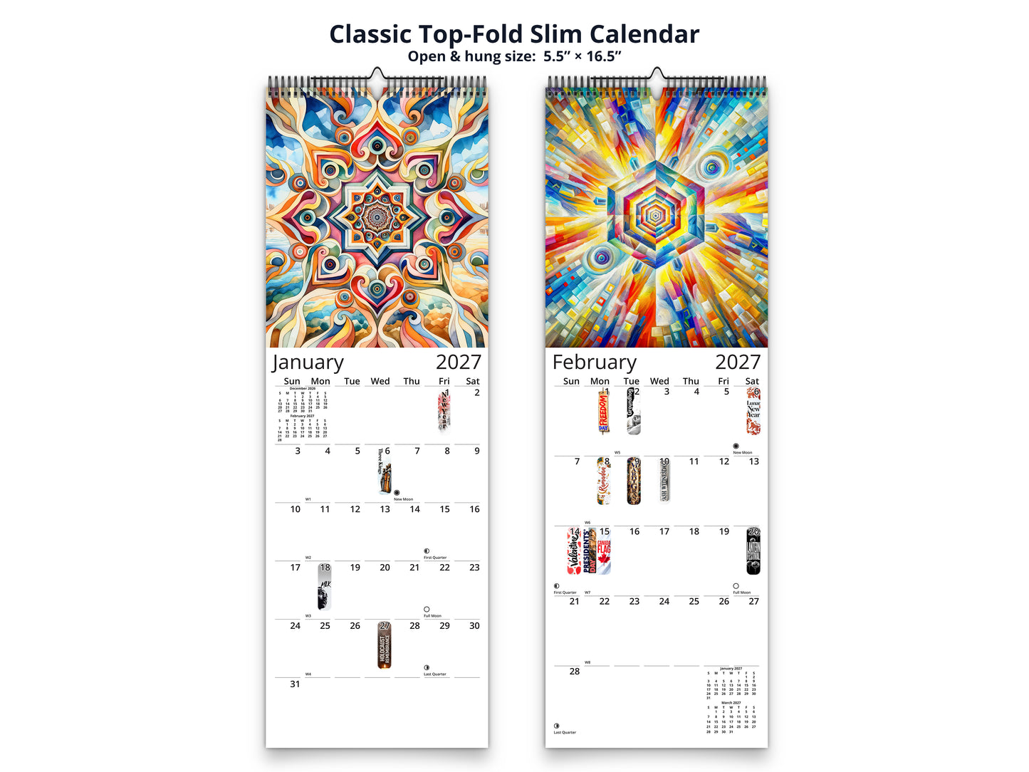Kaleidoscopic Art 2027 wall calendar classic top-fold slim calendar pages
