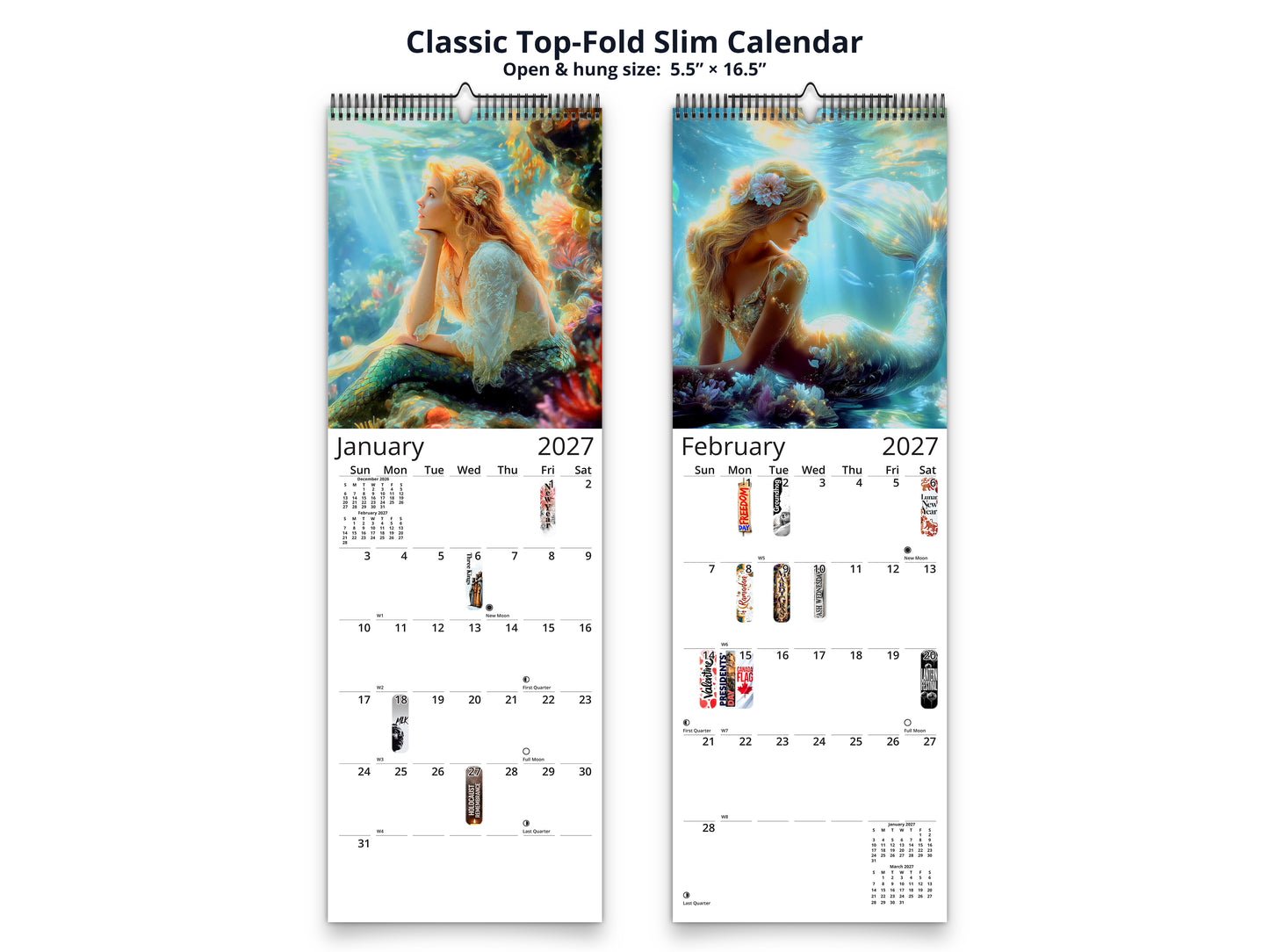 Mermaid 2027 wall calendar classic top-fold slim calendar pages