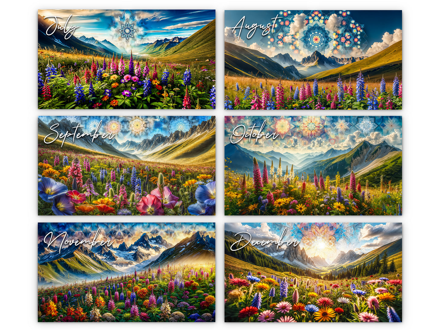 Calendario de pared de flores silvestres de montaña 2026 de Kaleidoscope Artisan: flores alpinas con festividades