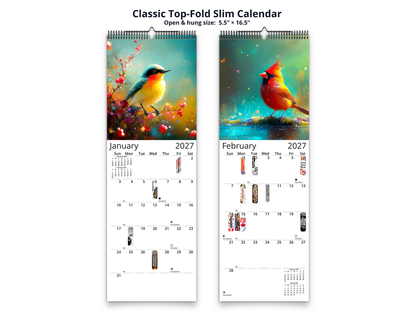 Radiant Birds 2027 wall calendar classic top-fold slim calendar pages
