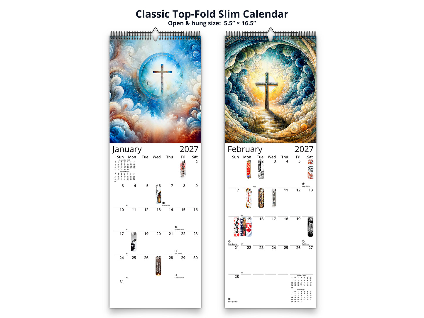 Radiant Cross 2027 wall calendar classic top-fold slim calendar pages
