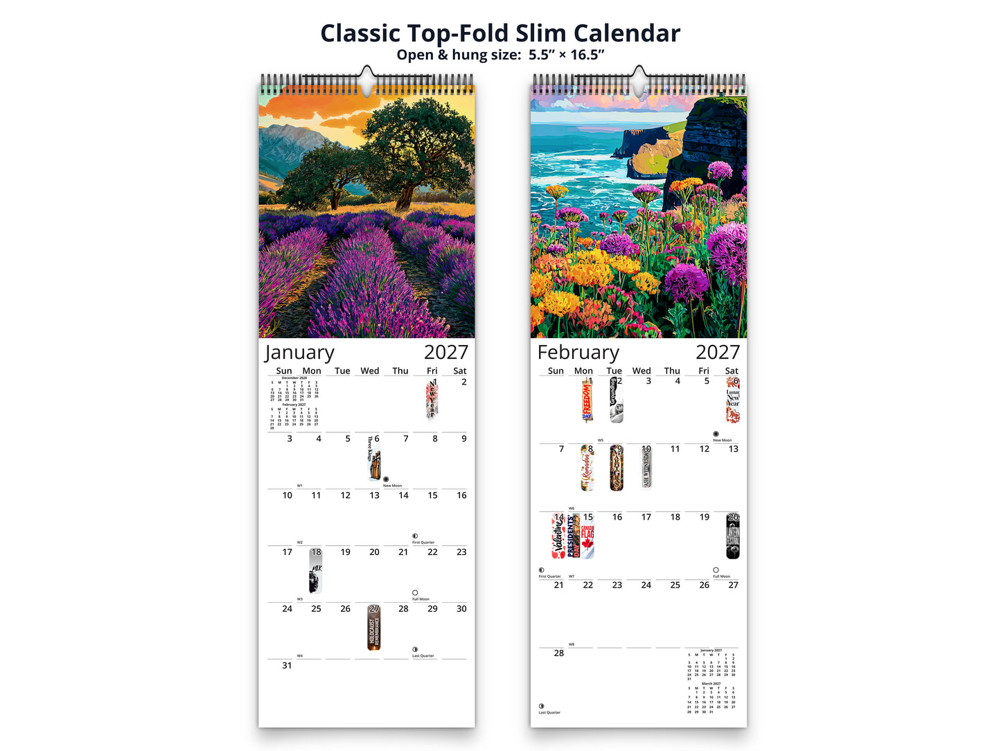 Spring Flowers 2027 wall calendar classic top-fold slim calendar pages