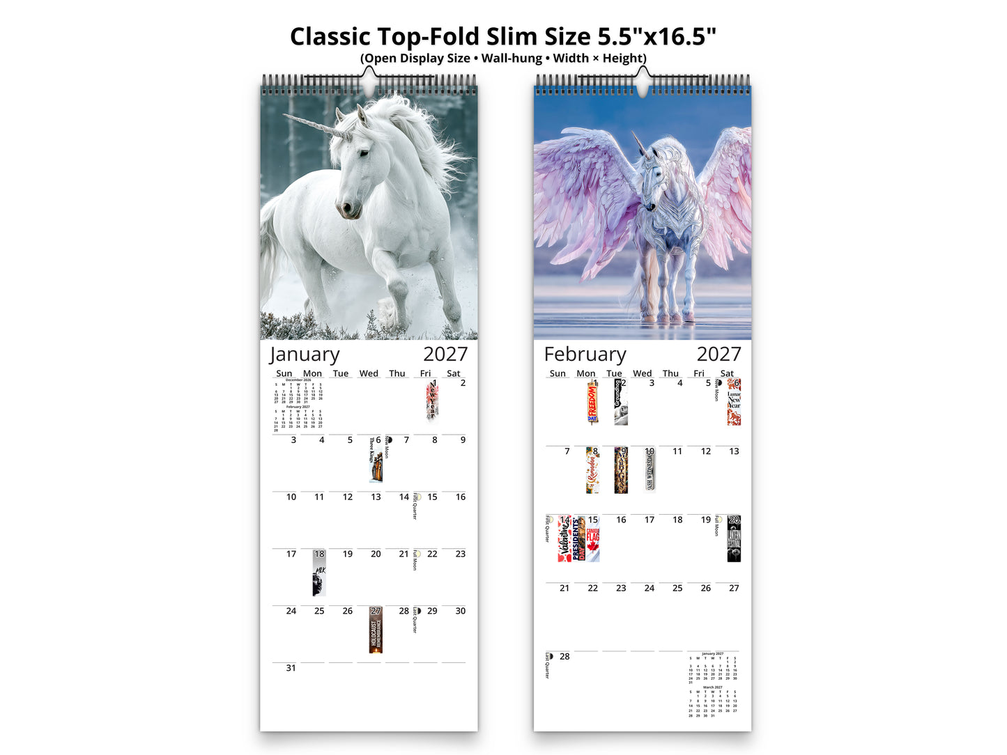 Unicorn 2027 wall calendar classic top-fold slim calendar pages