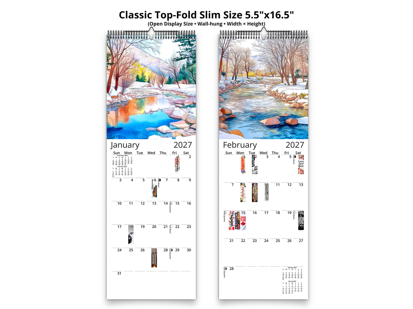 Watercolor Reflections 2027 wall calendar classic top-fold slim calendar pages