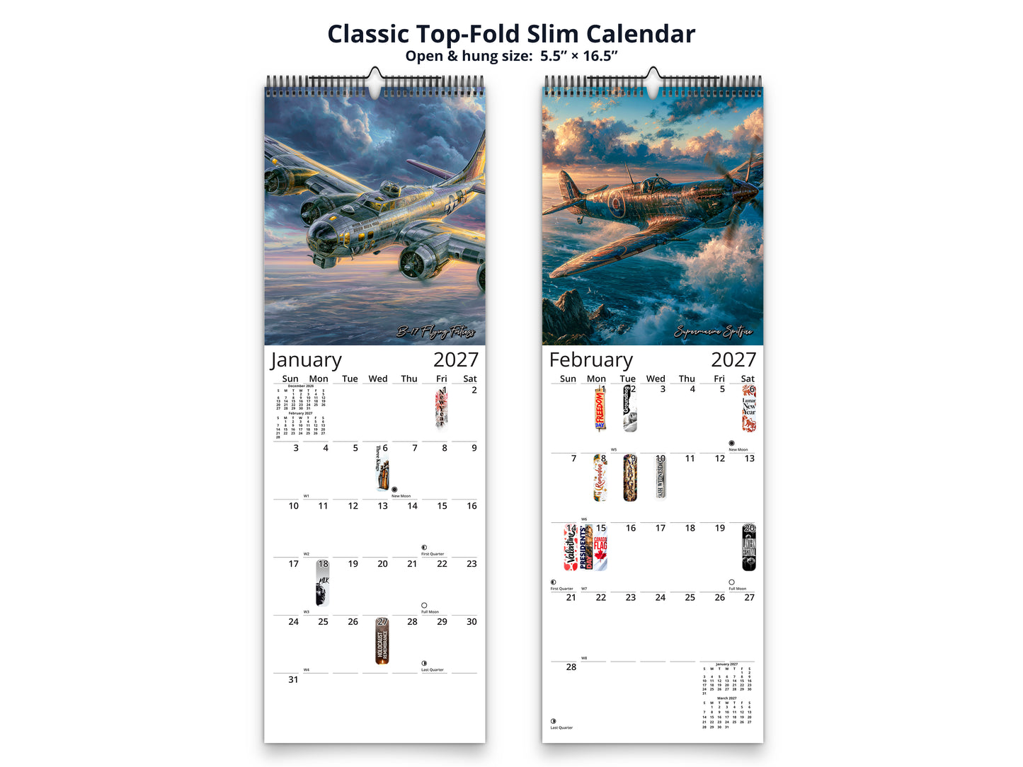 WWII Wings of Valor 2027 wall calendar classic top-fold slim calendar pages