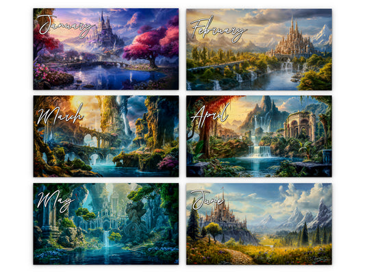 Enchanted Realms 2027 wall calendar monthly artwork preview January through June