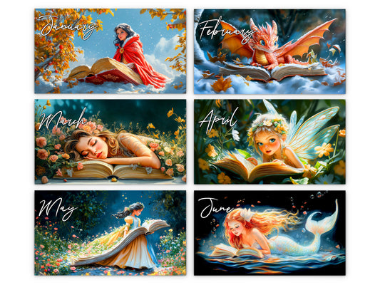 Fairytale Books 2027 wall calendar monthly artwork preview January through June