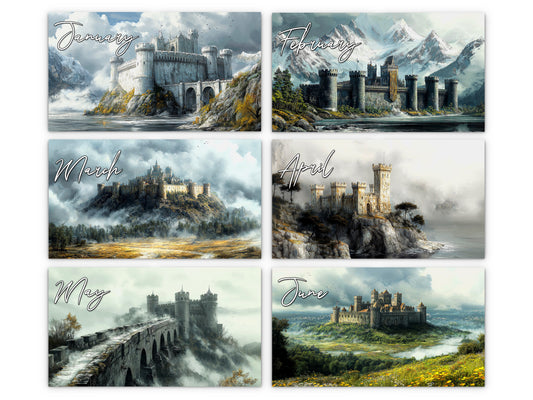 Fantasy Castle 2027 wall calendar monthly artwork preview January through June