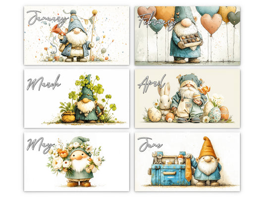 Set of six calendar cards featuring gnomes for each month of the year.