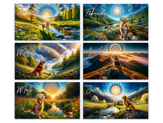 Golden Retriever 2027 wall calendar monthly artwork preview January through June
