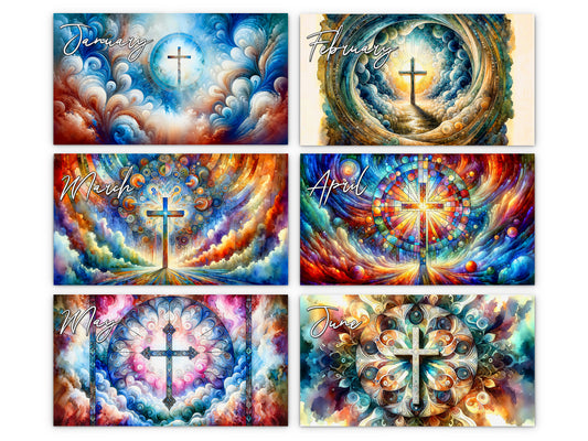Radiant Cross 2027 wall calendar monthly artwork preview January through June