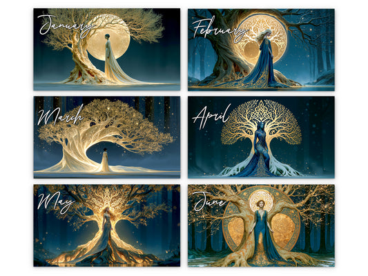 Six-month calendar with artistic tree and person designs for each month.