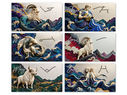 Zodiac Astrology 2027 wall calendar monthly artwork preview January through June