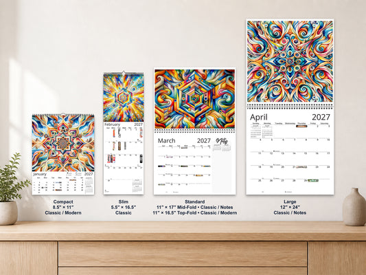 Kaleidoscopic Art 2027 wall calendar complete size range environment display