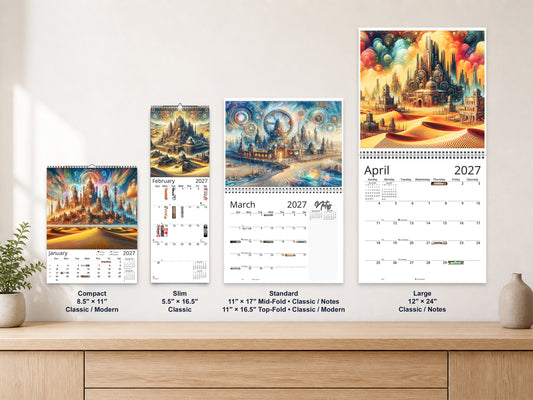 Steampunk Sands 2027 wall calendar complete size range environment display