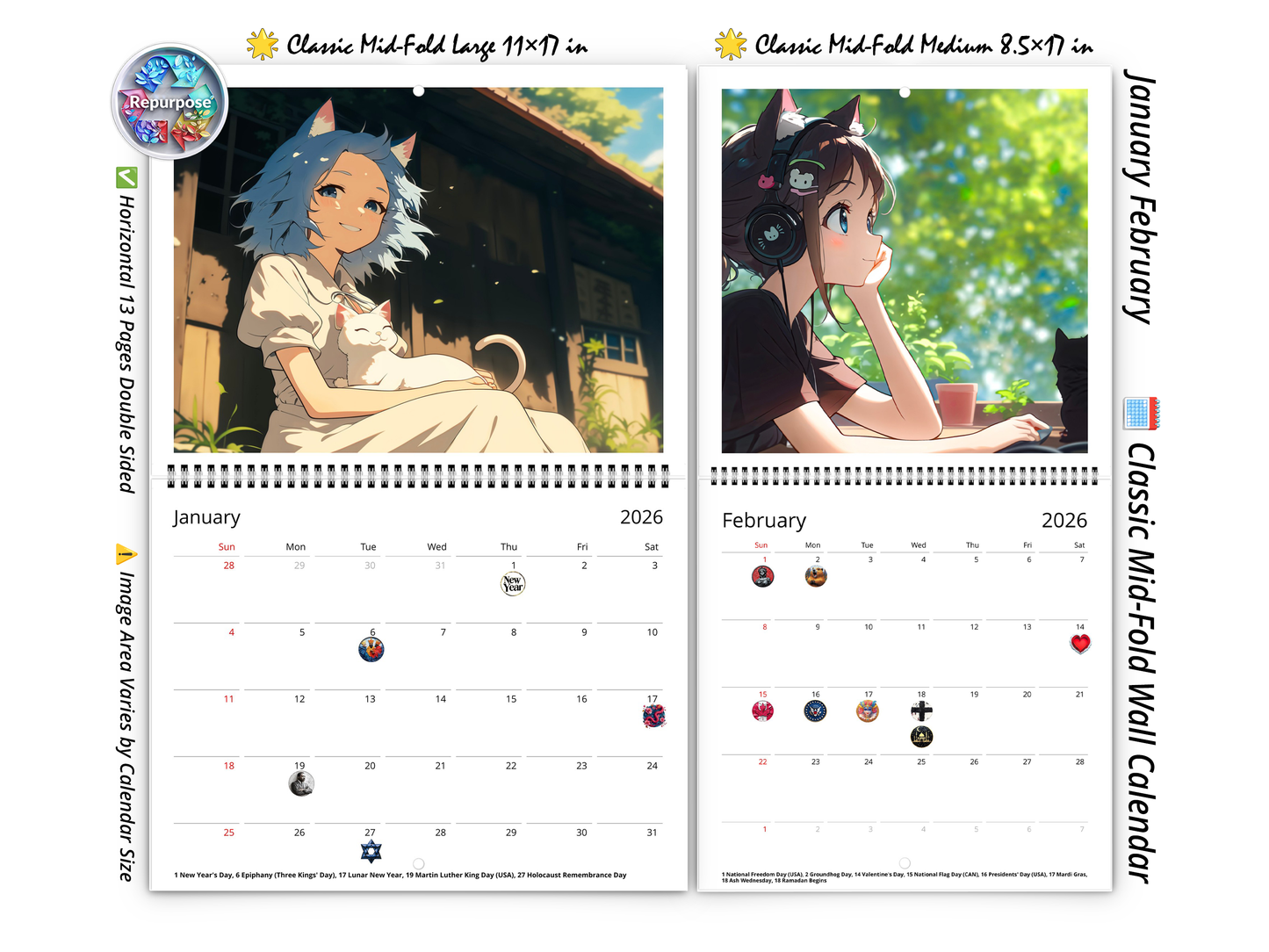 2026 Anime Life Wall Calendar by Kaleidoscope Artisan – A Year of Captivating Anime Art with Holidays