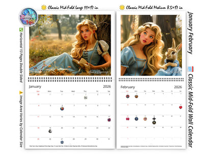 Calendario de pared de Alicia en el País de las Maravillas 2026 de Kaleidoscope Artisan: Aventuras de cuentos con festividades