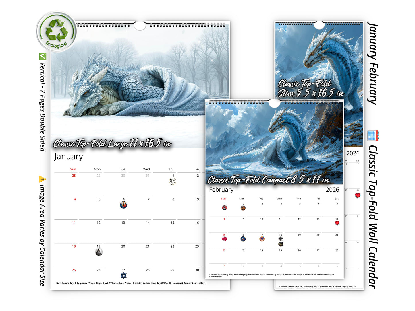 Calendario de pared de dragones 2026 de Kaleidoscope Artisan: ilustraciones de fantasía con festividades
