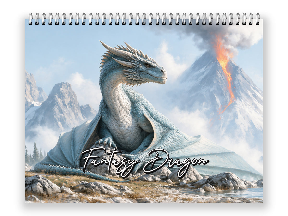 Fantasy Dragon calendar cover with a silver dragon beside a snowy volcano, mid-fold view.