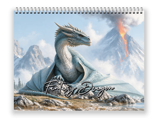 Fantasy Dragon calendar cover with a silver dragon beside a snowy volcano, mid-fold view.