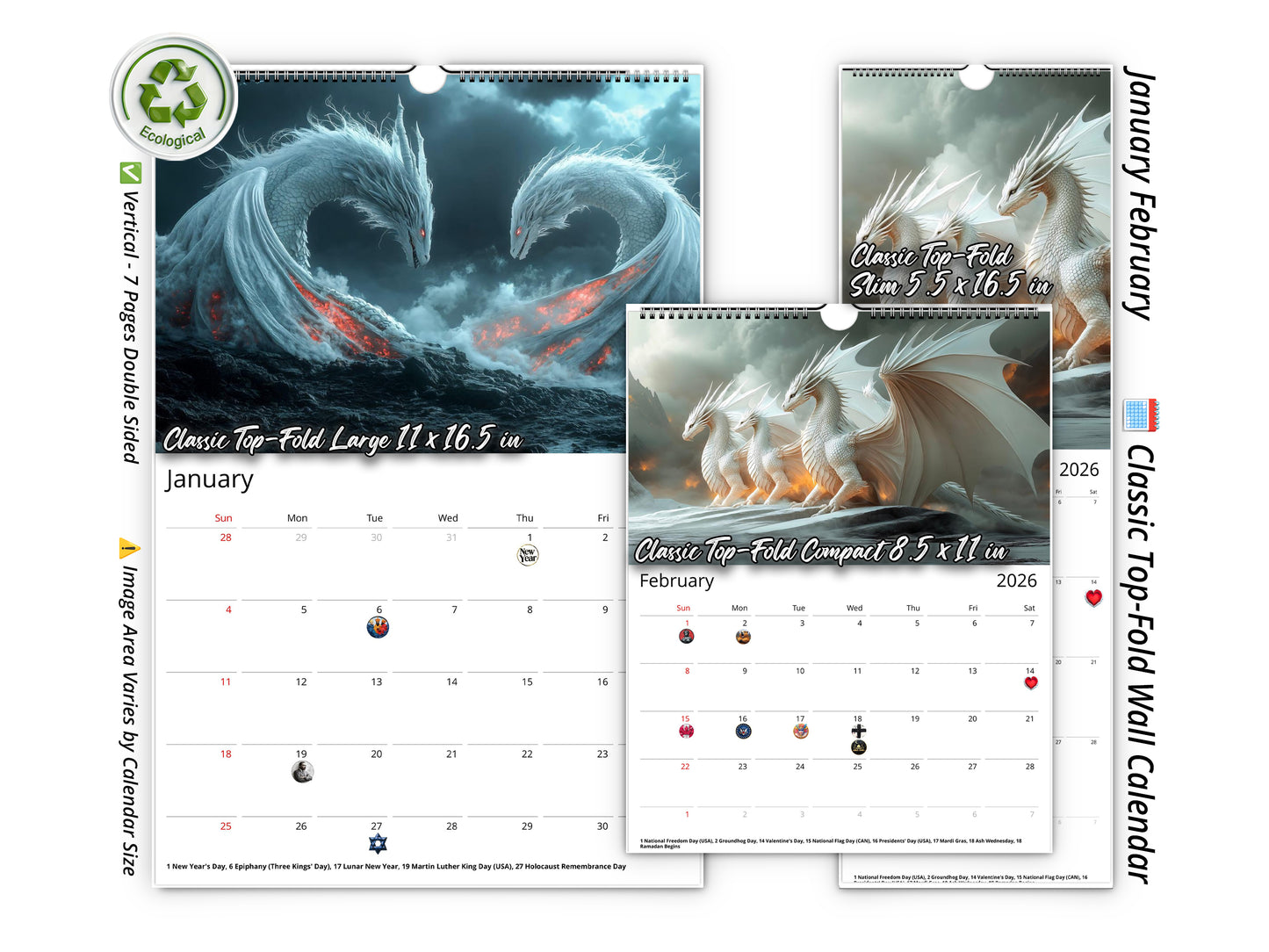 2026 Dragon Light Wall Calendar by Kaleidoscope Artisan – Majestic Dragon Realms with Holidays