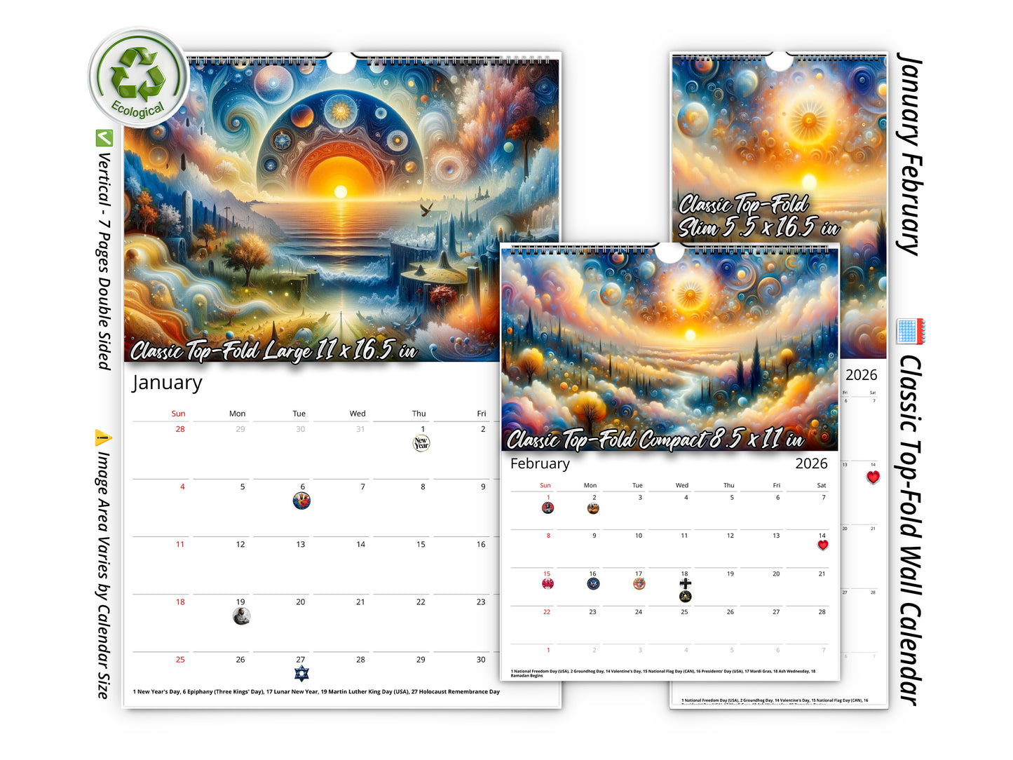 2026 Edge of Eternity Wall Calendar by Kaleidoscope Artisan – Celestial Dreams with Holidays