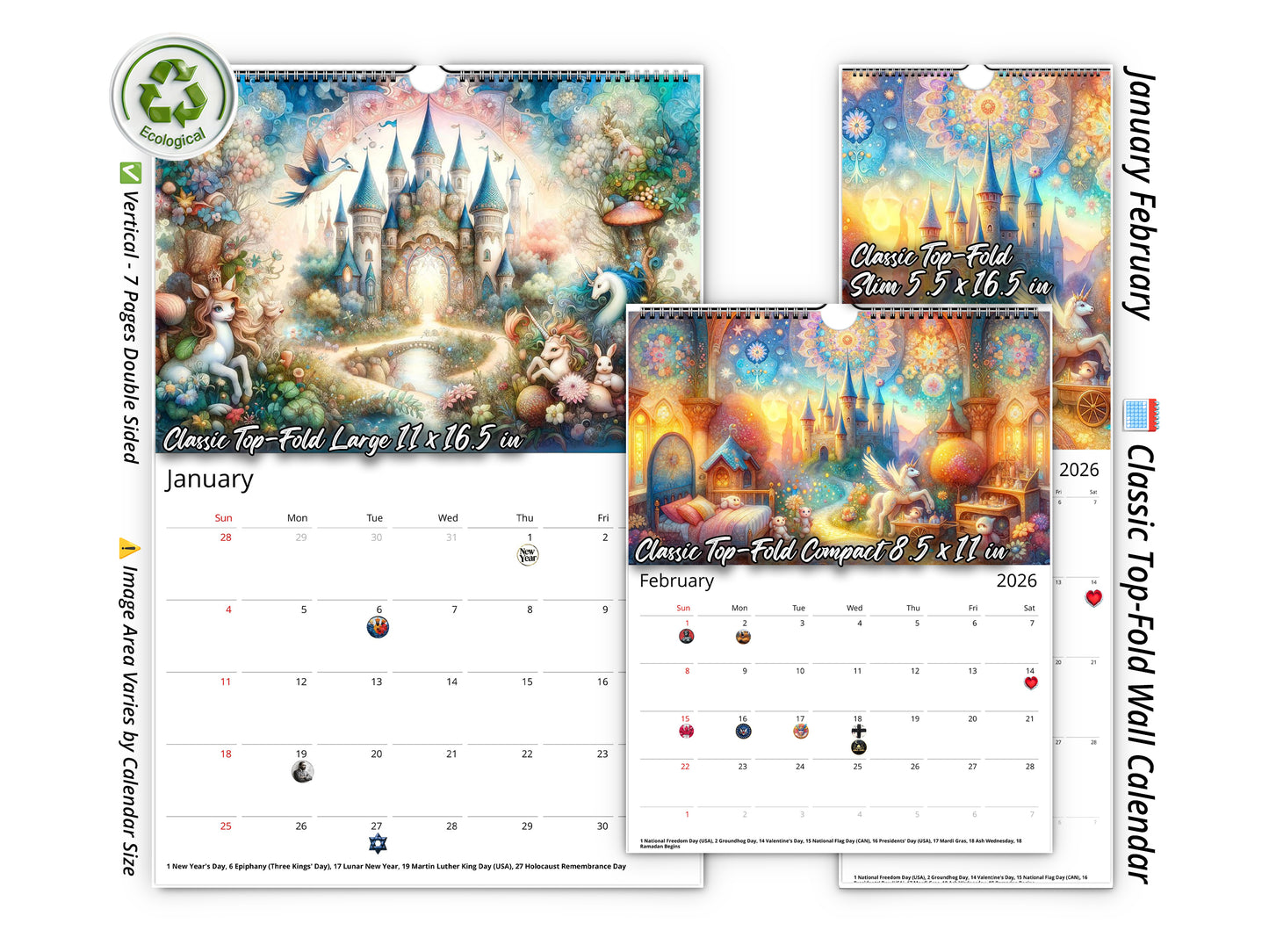 2026 Enchanted Wall Calendar by Kaleidoscope Artisan – Whimsical Fantasy with Holidays
