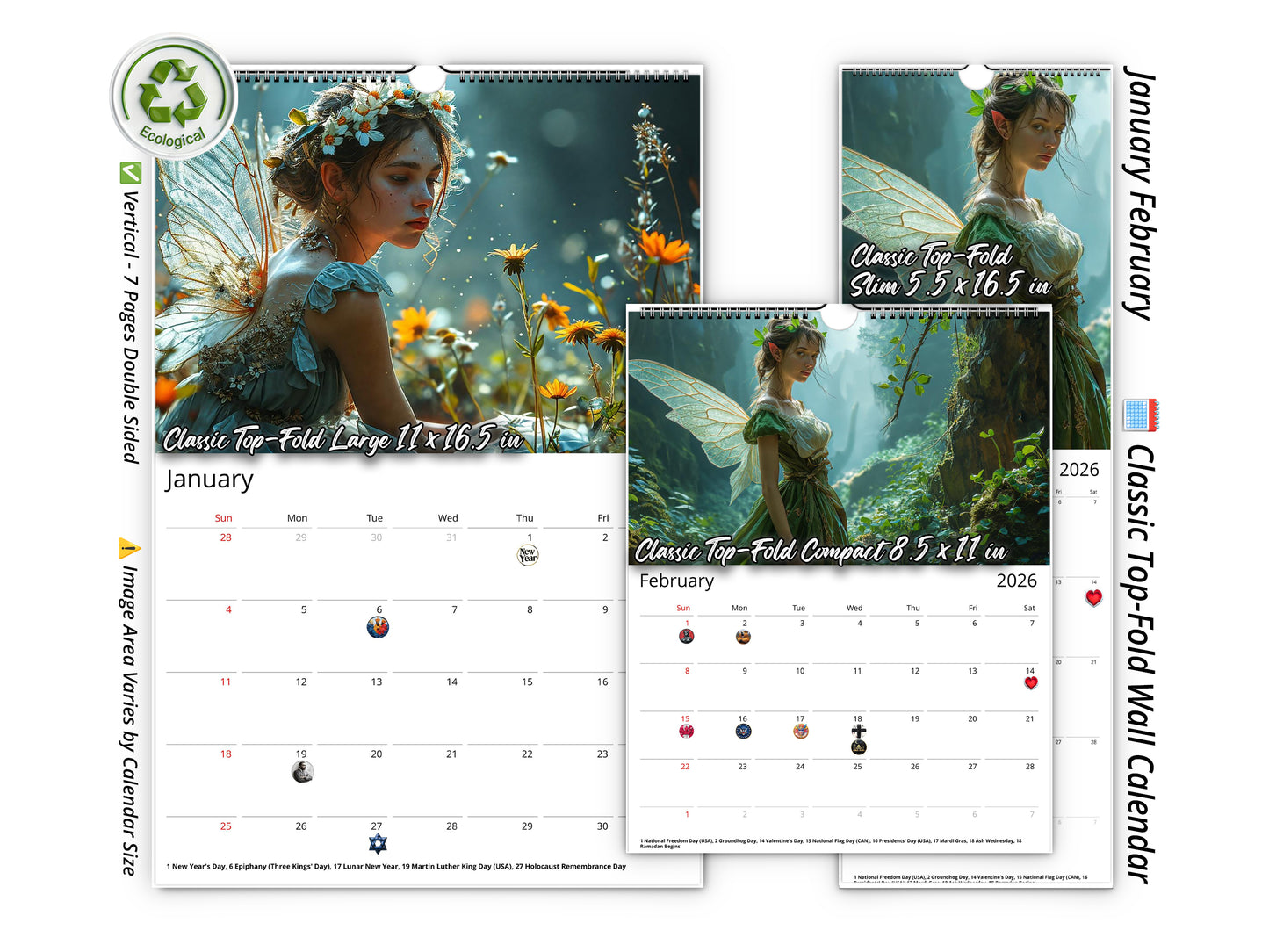 2026 Fairy Wall Calendar by Kaleidoscope Artisan – Magical Fantasy Art with Holidays