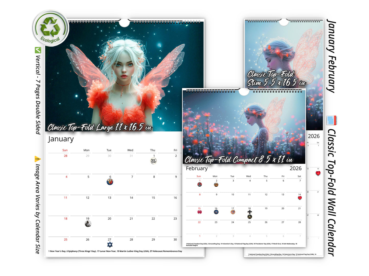 2026 Fairy Dream Wall Calendar by Kaleidoscope Artisan – Enchanting Fantasy Fairies with Holidays