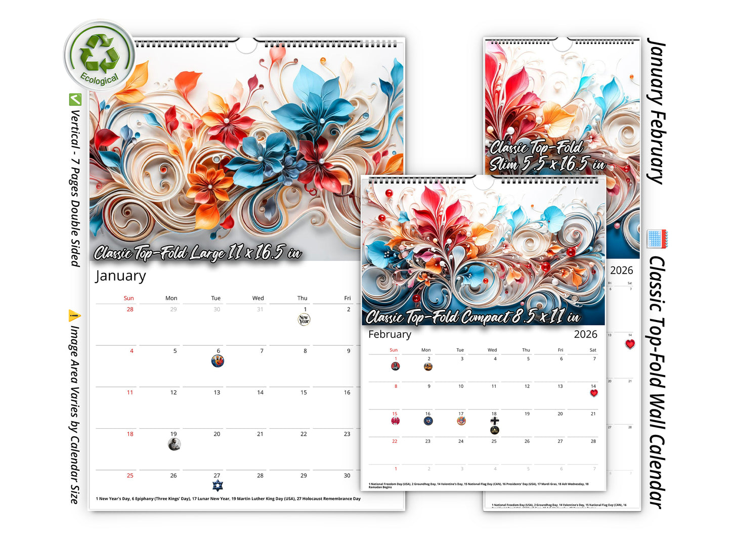 2026 Floral Grace Wall Calendar by Kaleidoscope Artisan – Elegant Bloom with Holidays