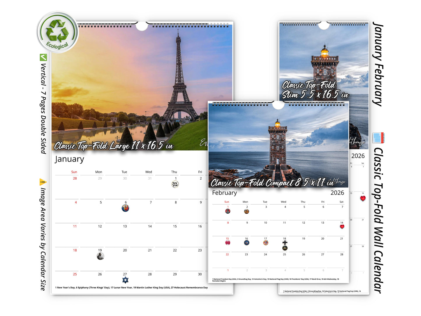 2026 France Vistas Photography Wall Calendar by Kaleidoscope Artisan – Captivating French Landscapes with Holidays