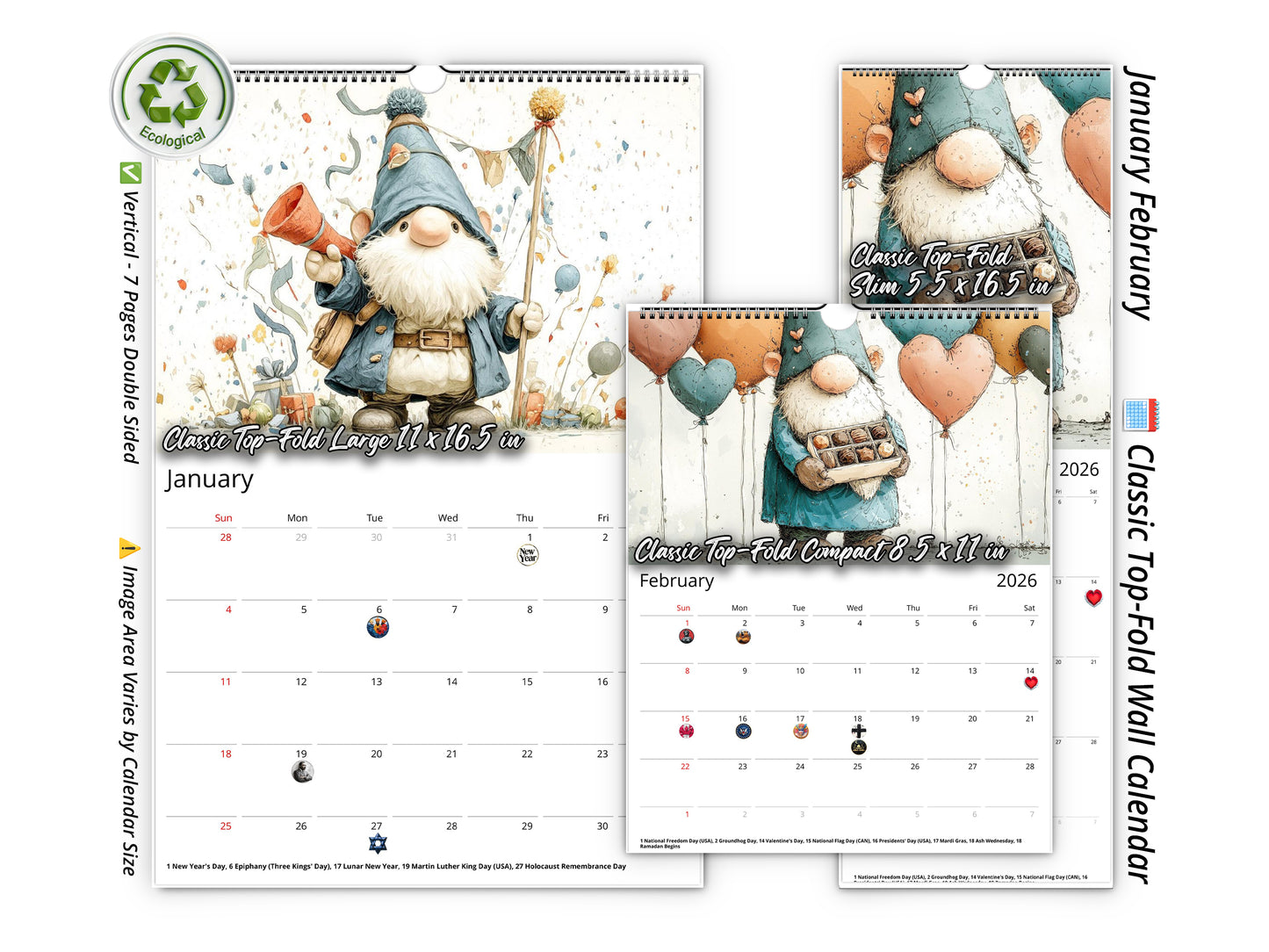 2026 Gnome Holidays Wall Calendar by Kaleidoscope Artisan – Joy & Magic with Holidays